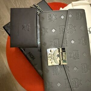 MCM Gray Embossed Clutch with Sliver Accents